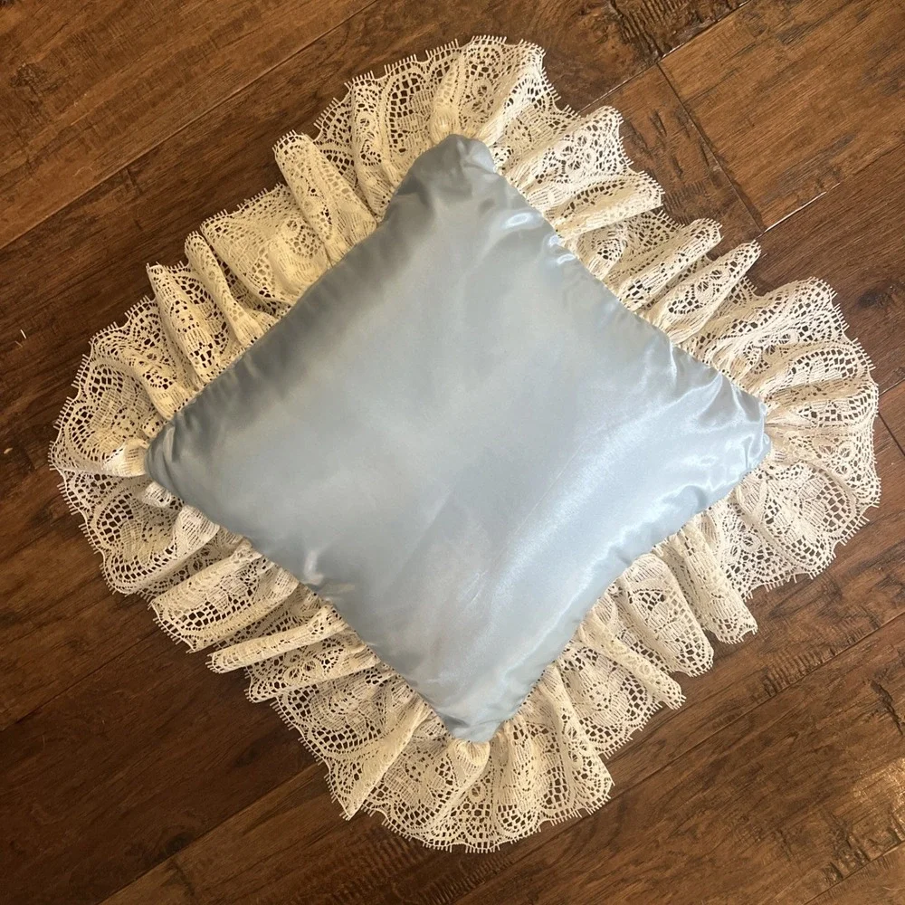 Vintage Satin & Lace Throw Pillow Grannycore Cottagecore Blue Ivory Cream